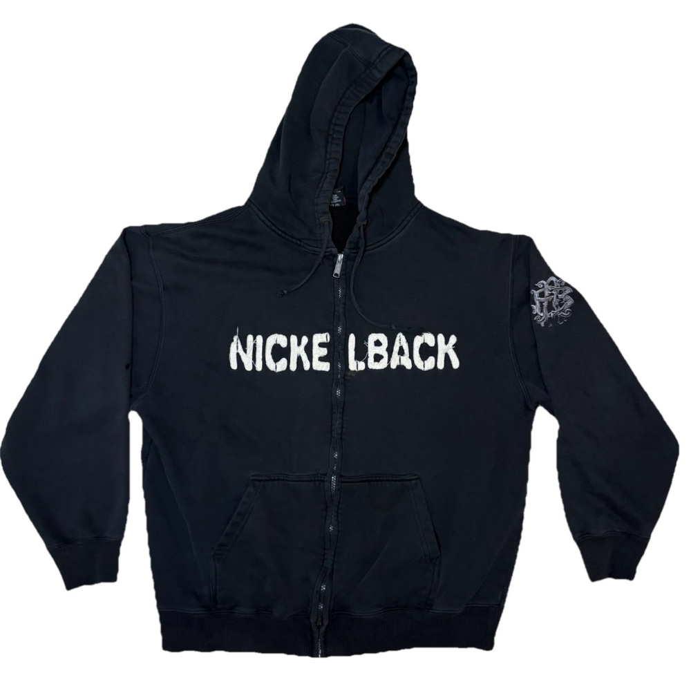 Nickelback Zip Up Hoodie Black Distressed Band Sweatshirt Y2K Large Unisex